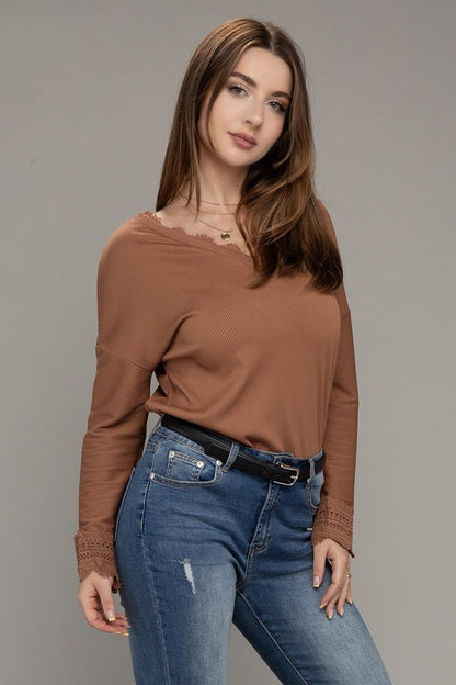 Lace Trim V Neck Long Sleeve