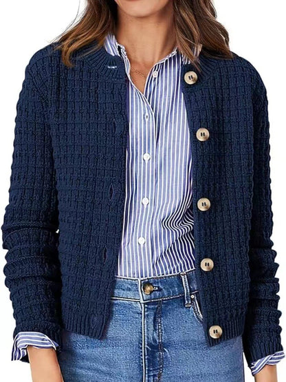 Button Up Round Neck Long Sleeve Cardigan