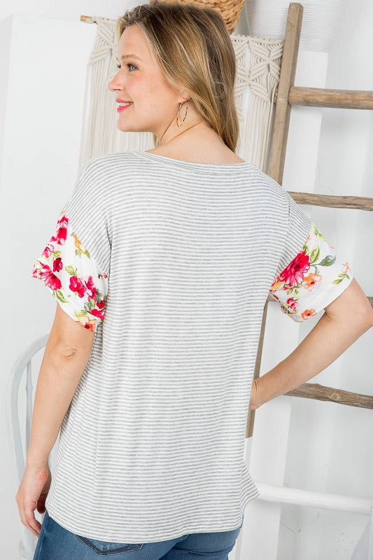 PLUS STRIPE FLORAL MIXED BOXY TOP