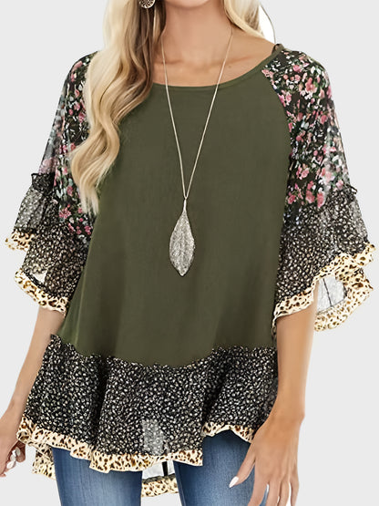 Frill Printed Round Neck Half Sleeve Blouse