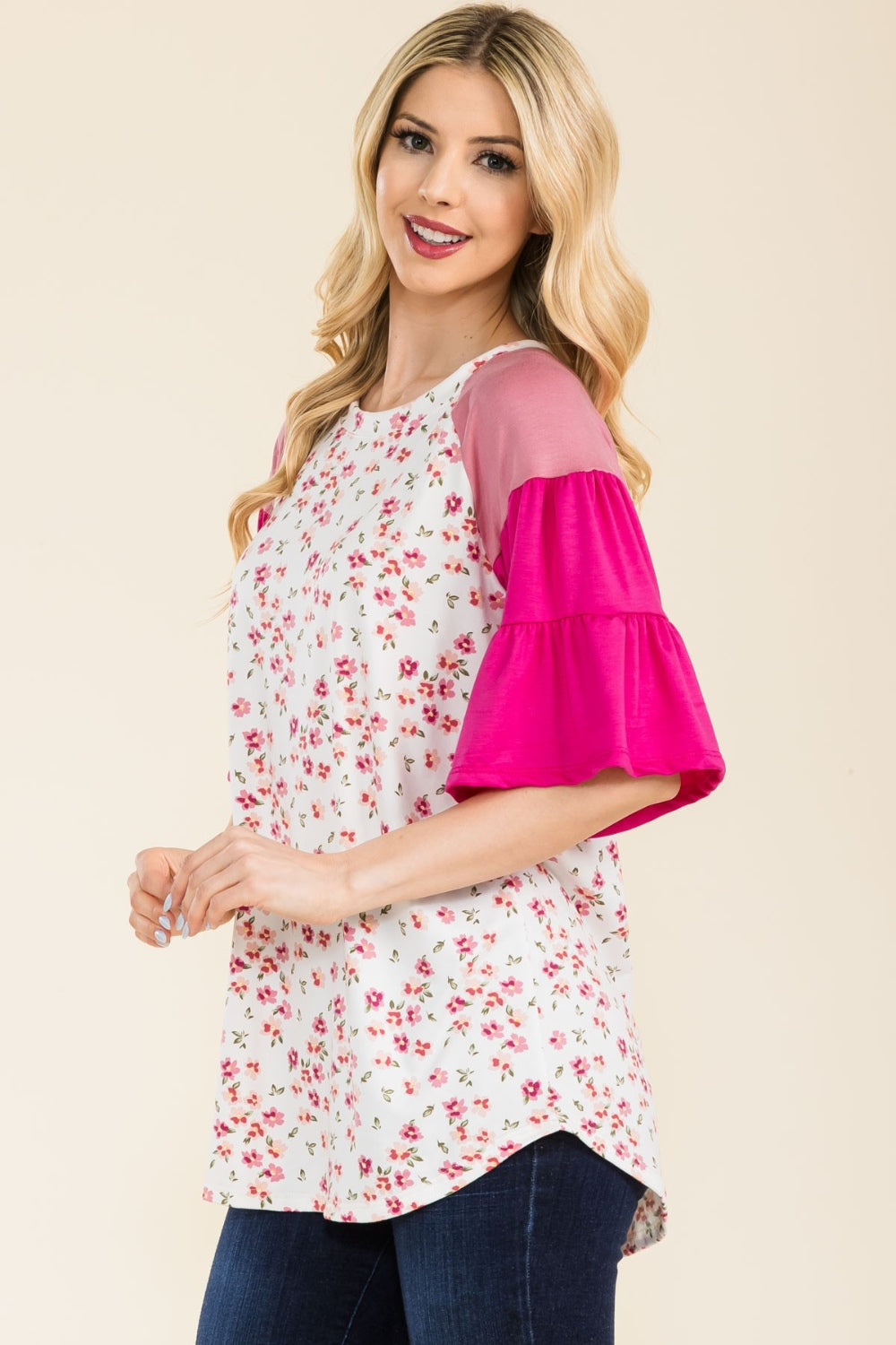 Floral Contrast Bell Sleeve Top