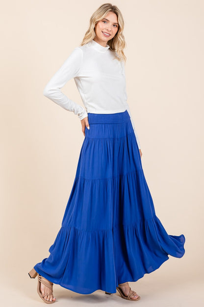 Tier Detail Smocked Elastic Waist Wide Leg Pants