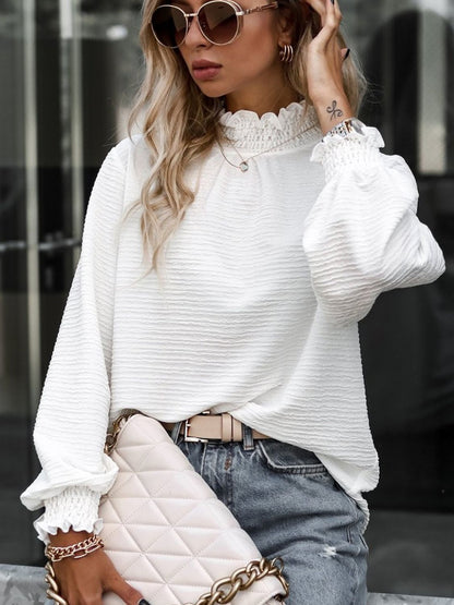 Smocked Frill Mock Neck Long Sleeve Blouse