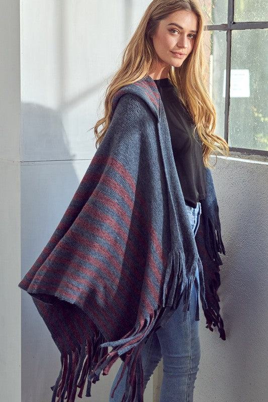 STRIPE PATTERN HOODED PONCHO