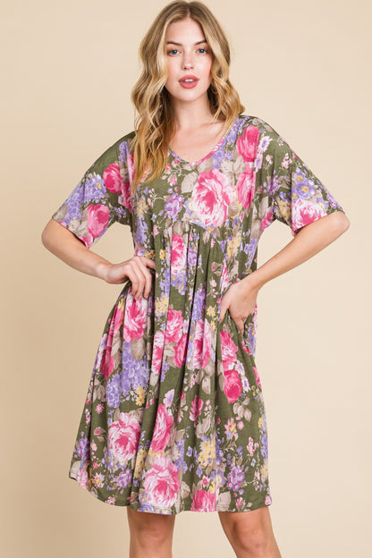 Flower Print V-Neck Ruched Dress