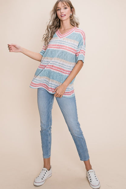 V-Neck Striped Knit Top