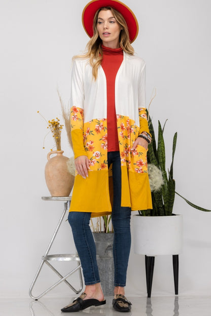 Floral Color Block Open Front Cardigan