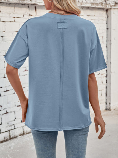 Exposed Seam Round Neck Half Sleeve T-Shirt