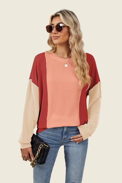 Texture Contrast Round Neck Long Sleeve T-Shirt