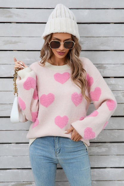 Heart Dropped Shoulder Long Sleeve Sweater