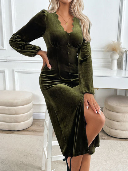 Slit V-Neck Long Sleeve Midi Dress