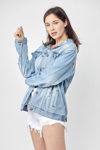 RISEN Distressed Long Sleeve Denim Jacket