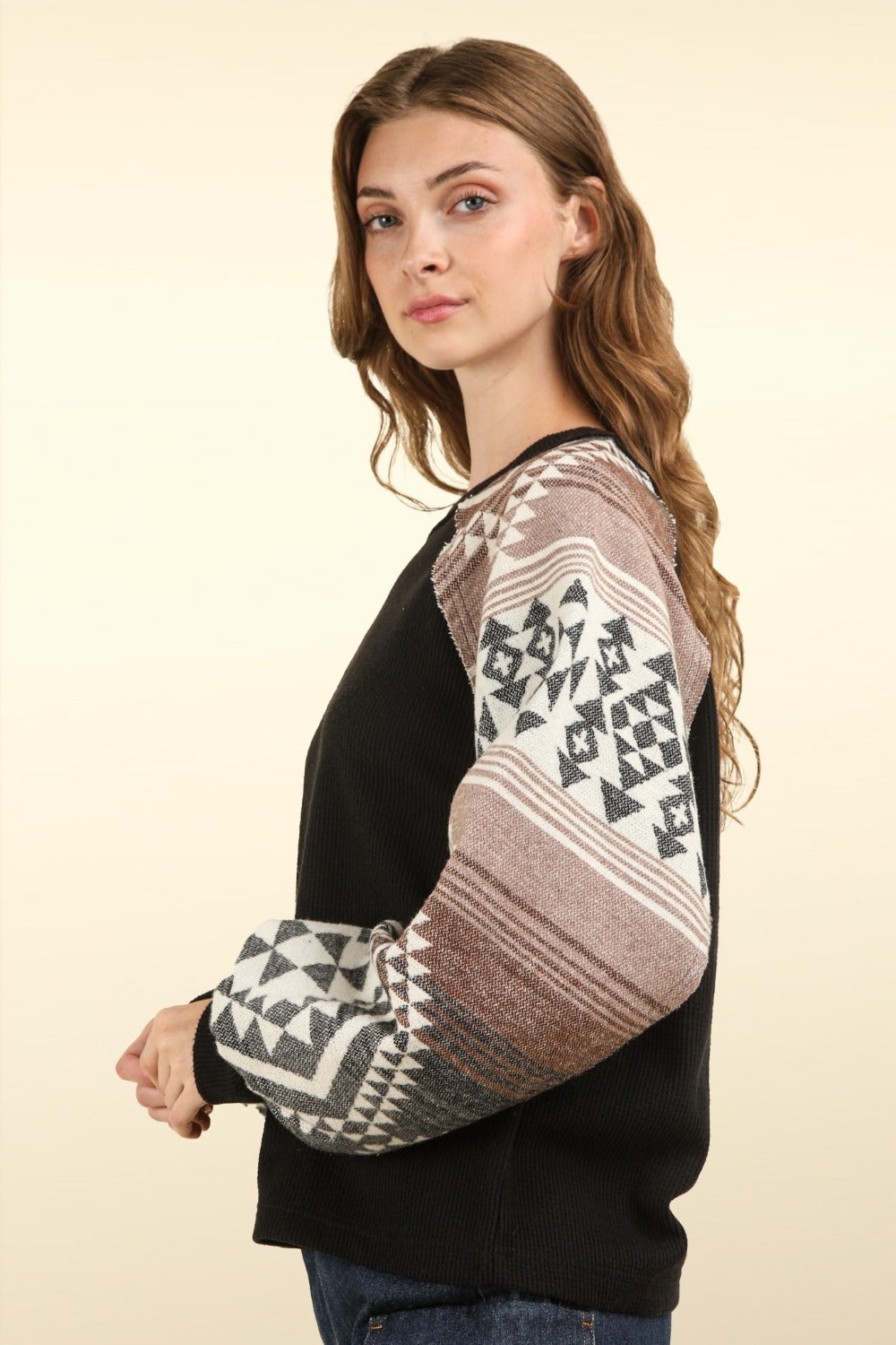 Printed Long Sleeve Round Neck Knit Top