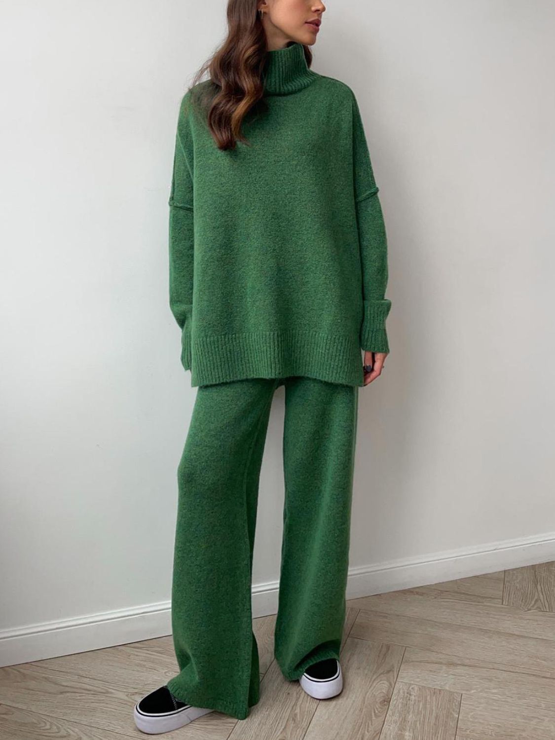 Slit Turtleneck Long Sleeve Top and Pants Sweater Set