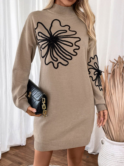 Flower Mock Neck Long Sleeve Sweater Dress