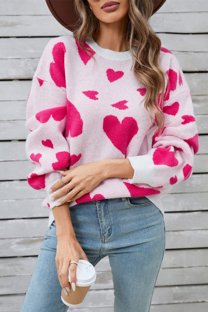 Heart Contrast Round Neck Long Sleeve Sweater