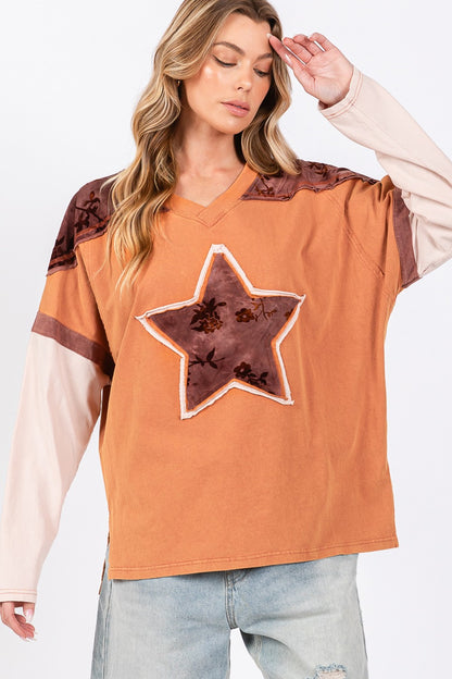 Star Patch Long Sleeve Color Block T-Shirt