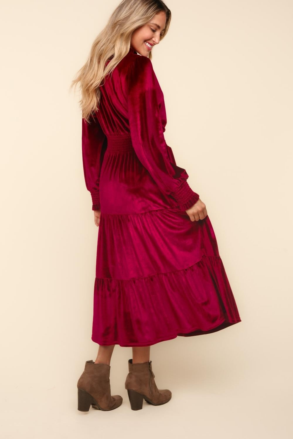 Mock Neck Smocked Waist Velvet Tiered Dress