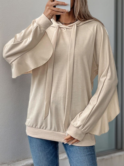 Drawstring Ruffled Long Sleeve Hoodie