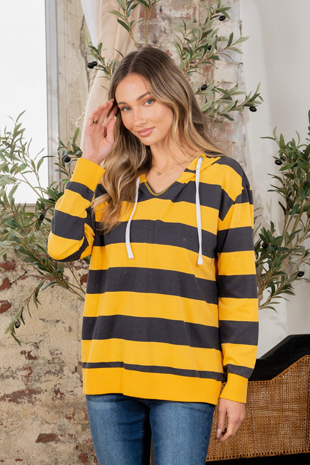 Drawstring Striped Long Sleeve Hoodie