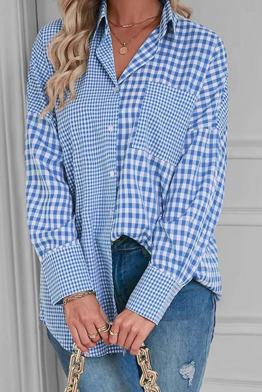 Pocketed Plaid Collared Neck Long Sleeve Shirt