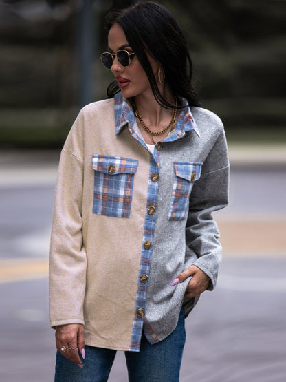 Shiny Plaid Contrast Drop Shoulder Shacket