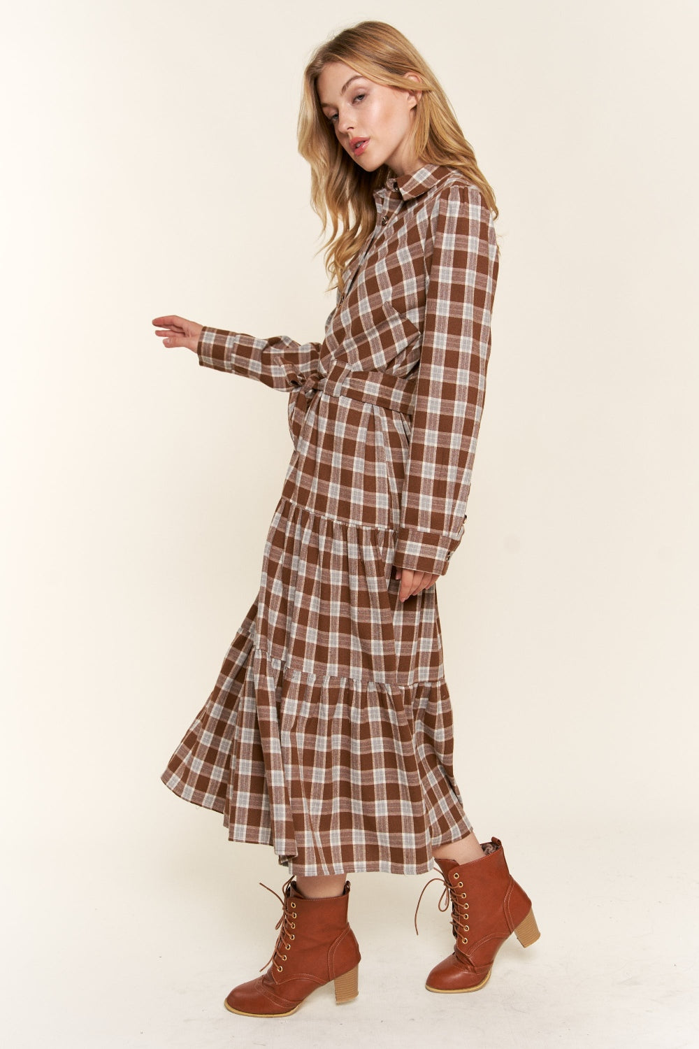 Plaid Tiered Midi Shirt Dress