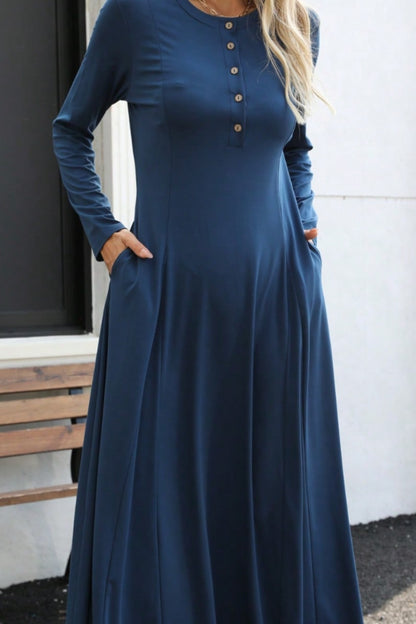 Round Neck Long Sleeve Maxi Dress with Pockets