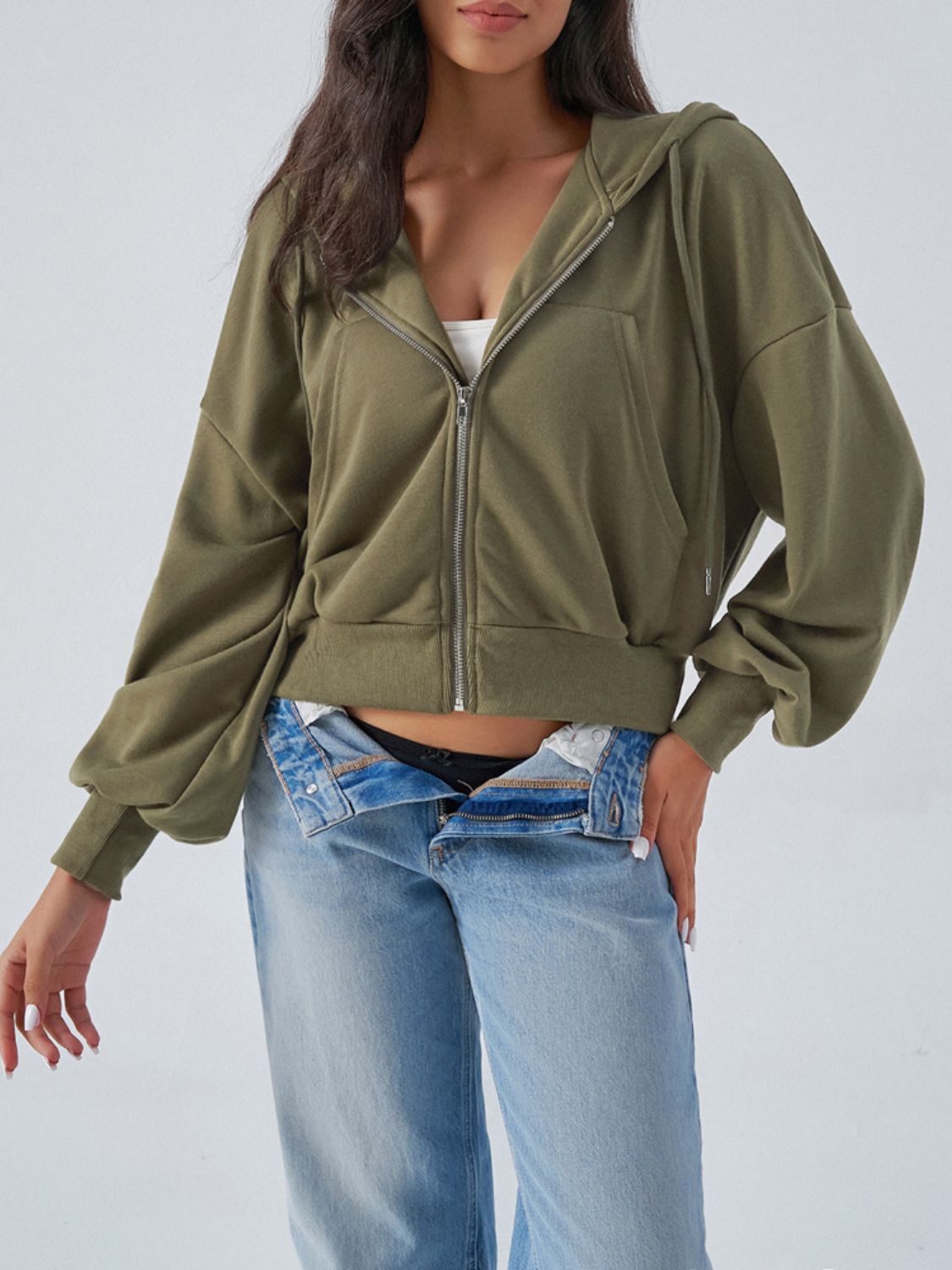 Drawstring Zip Up Long Sleeve Hoodie