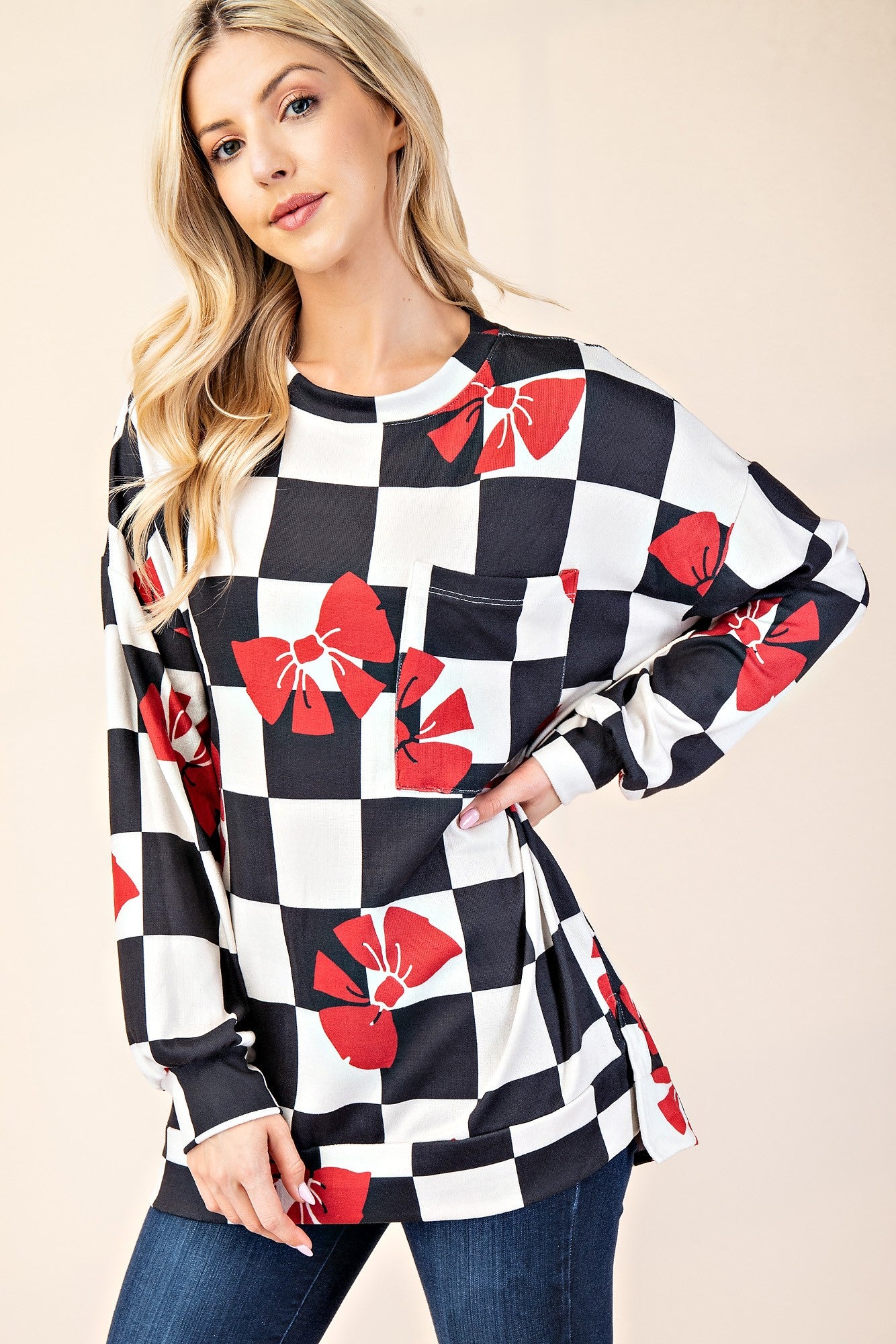 Checkered Bow Print Round Neck T-Shirt