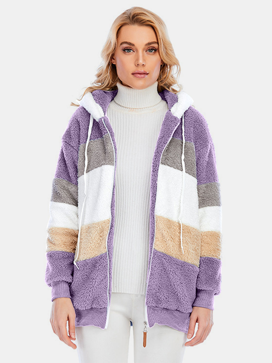 Drawstring Color Block Zip Up Hooded Outerwear