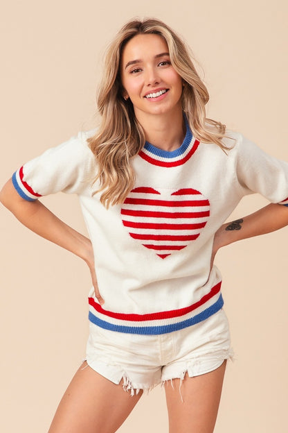 US Flag Theme Striped Heart Sweater