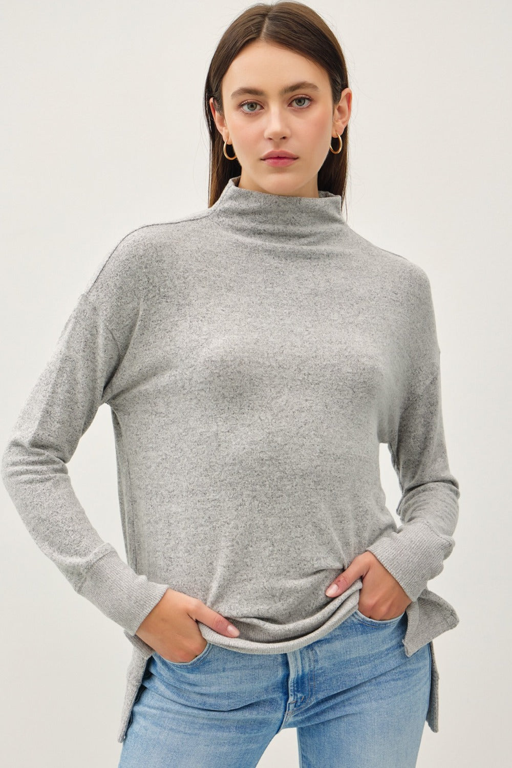 Side Slit Mock Neck Long Sleeve Tunic Top