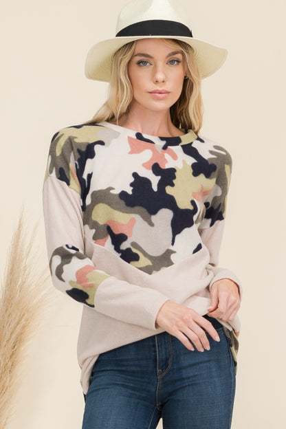 Camo Print Contrast Long Sleeve T-Shirt