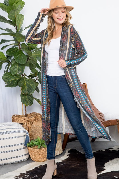 PLUS AZTEC PRINT LONG CARDIGAN