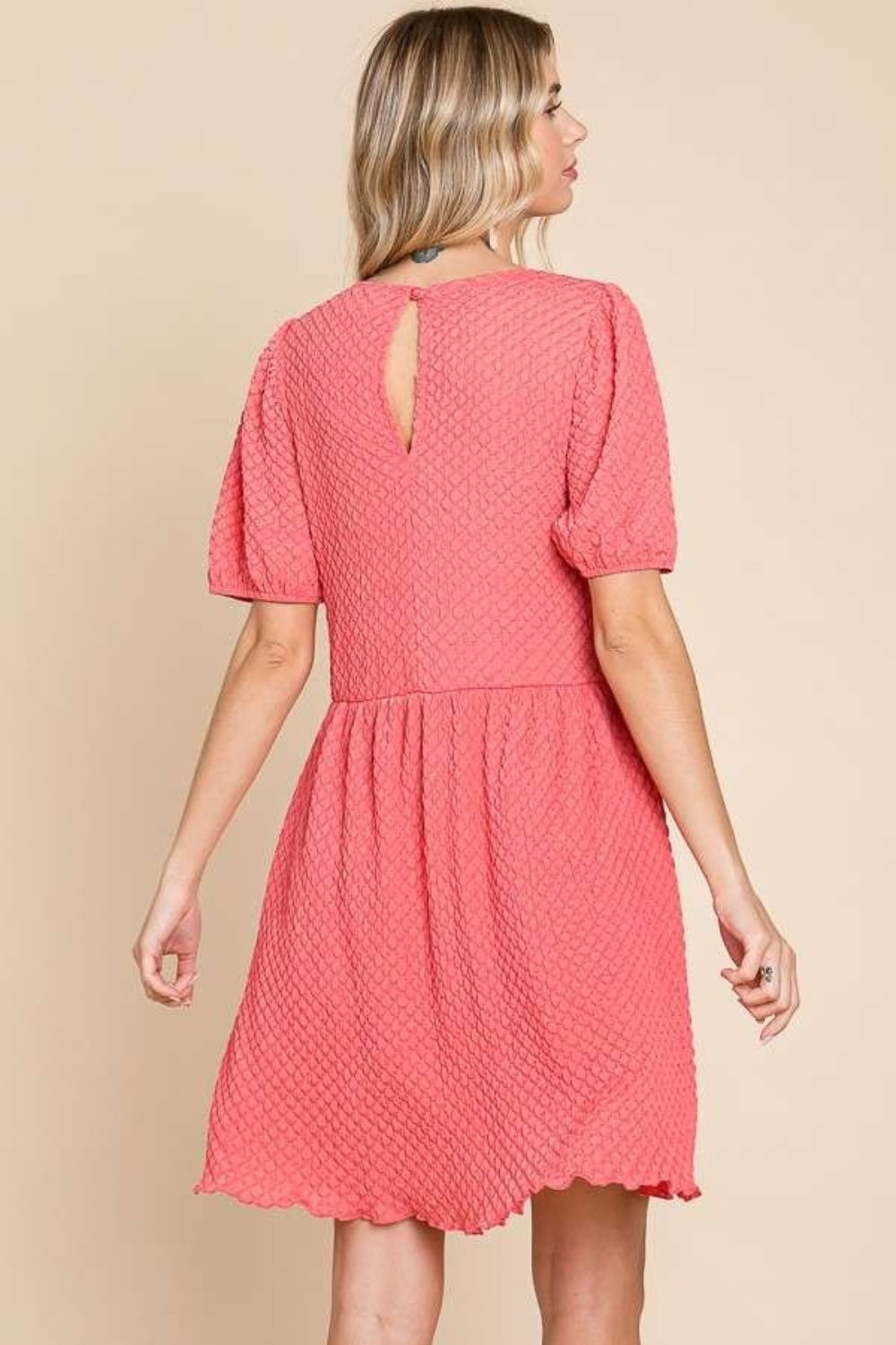 Textured Round Neck Puff Sleeve Dress