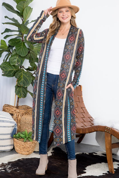 PLUS AZTEC PRINT LONG CARDIGAN