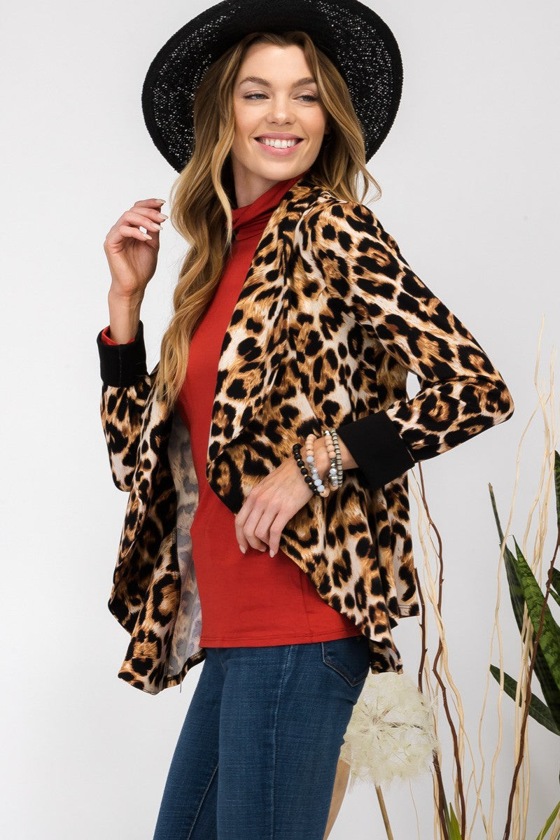 Leopard Open Front Long Sleeve Blazer