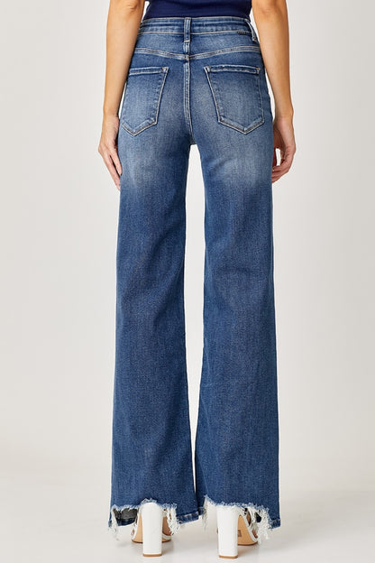 Risen High Rise Frayed Hem Wide Leg Jeans