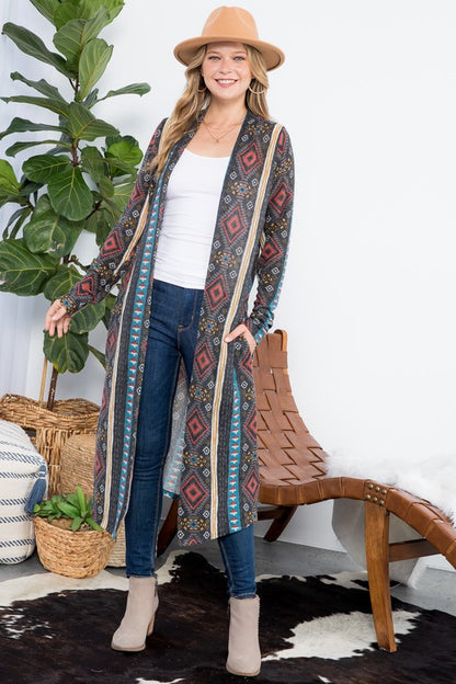 PLUS AZTEC PRINT LONG CARDIGAN