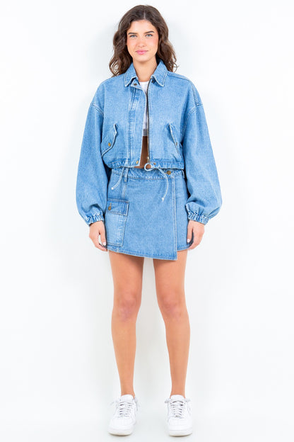 Drawstring Waist Crop Denim Jacket