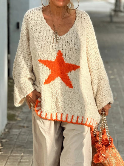 Star V-Neck Long Sleeve Oversize Sweater