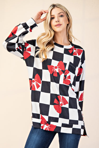 Checkered Bow Print Round Neck T-Shirt