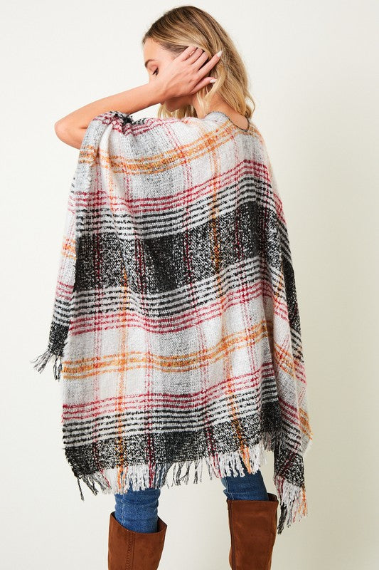 MULTI PLAID FRINGE PONCHO SHAWL