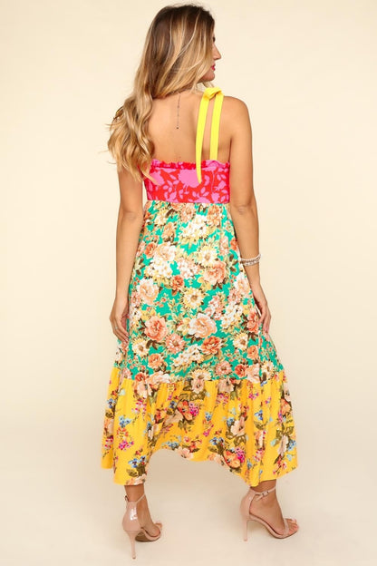 Floral Color Block Maxi Dress with Pockets