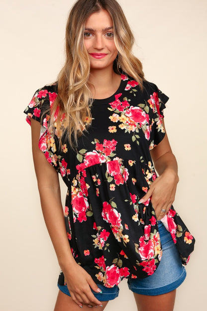 Floral Ruffle Short Sleeve Babydoll Top