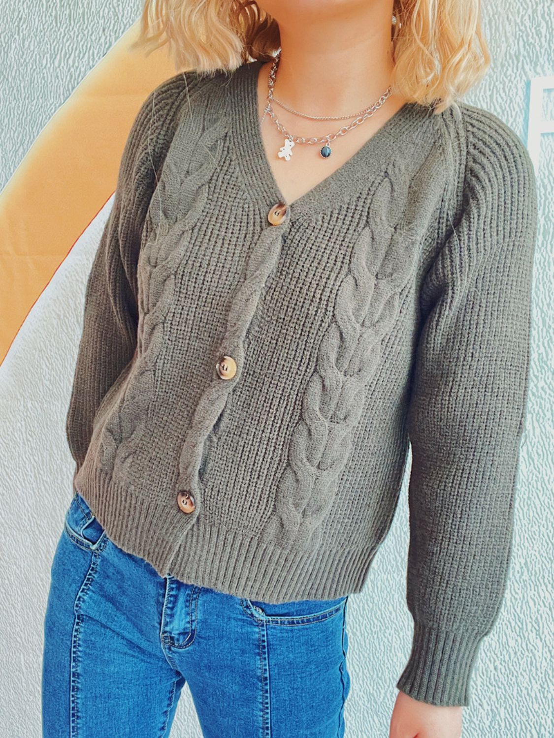 Cable-Knit V-Neck Button Down Long Sleeve Cardigan