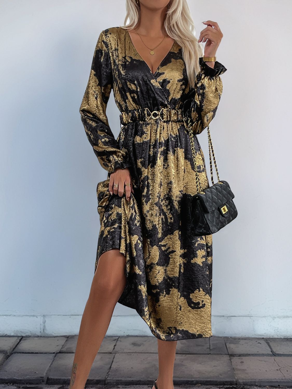 Printed Surplice Long Sleeve Midi Dress