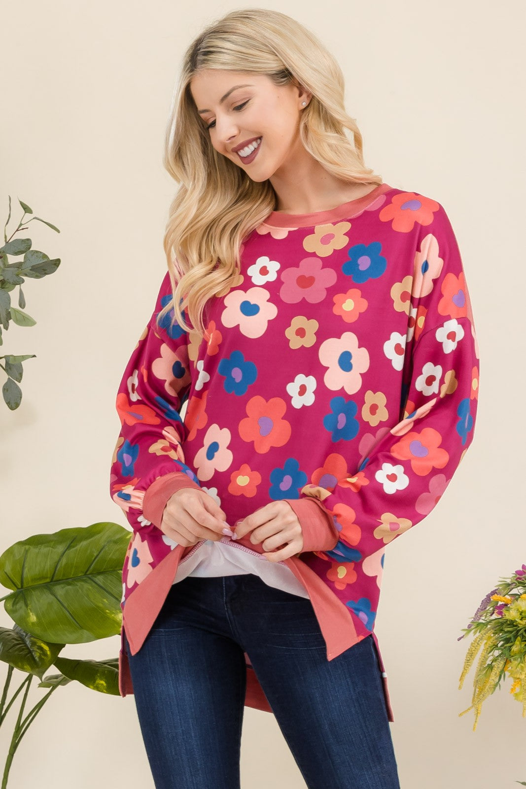 Side Slit Flower Print Long Sleeve Top