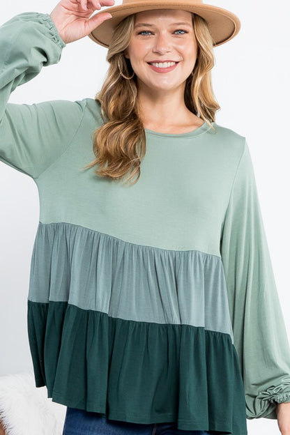 COLOR BLOCK RUFFLE TIERED SWING TOP